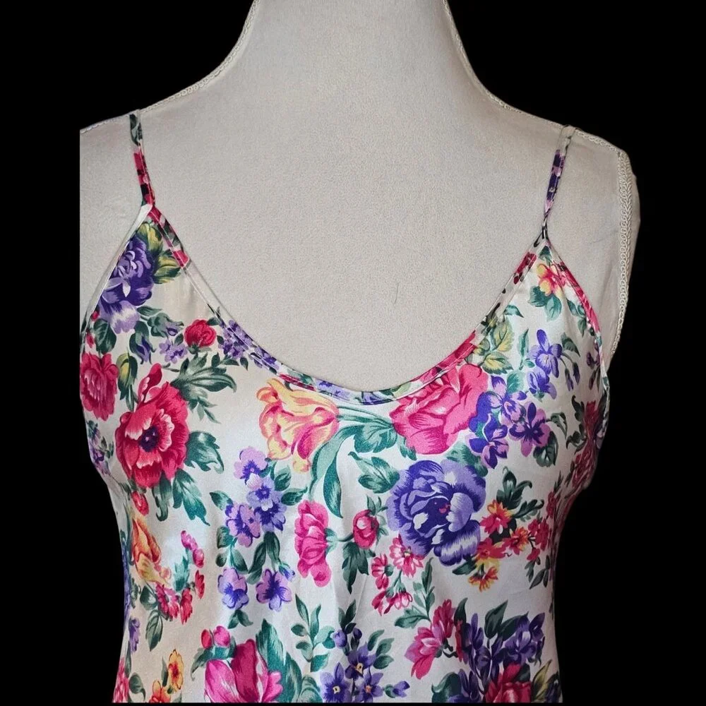 90s Satin White‎ Floral Mini Slip Dress Pink Purple Size S Small Low Back Short - Picture 4 of 11
